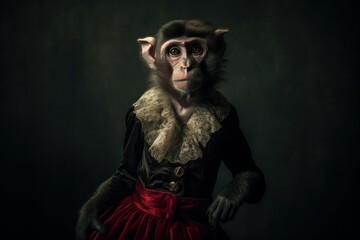 Fototapeta na wymiar Anthropomorphic funny monkey dressed in female clothes. AI generated, human enhanced