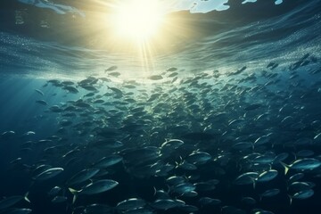 Fototapeta na wymiar School of fish swimming under water of sea. School sardinella fish swims in underwater. AI generated, human enhanced