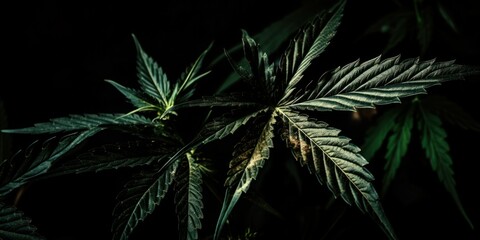Cannabis Sativa Leaves On Dark. Medical Legal Marijuana. AI generated, human enhanced.