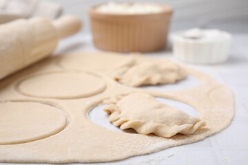 Process of making dumplings (varenyky) with cottage cheese. Raw dough and ingredients on white...