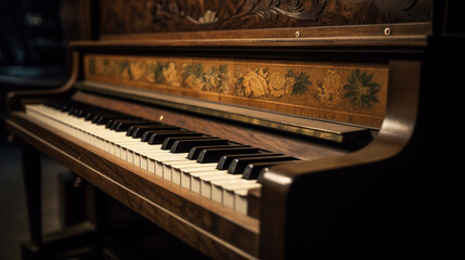 Naklejka na ściany i meble Vintage wooden piano in close-up shot Generative AI