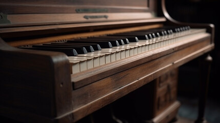 Vintage wooden piano in close-up shot Generative AI - obrazy, fototapety, plakaty