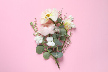 Obraz na płótnie Canvas Different beautiful flowers on pink background, flat lay