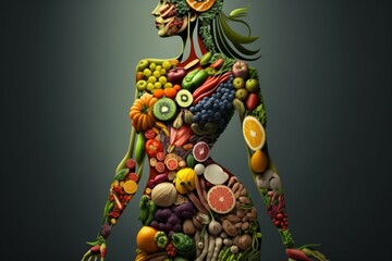 Fruit woman silhouette. Fresh fruits are laid out in the shape of a person. AI generated, human enhanced.