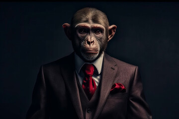 Anthropomorphic monkey in a smart suit. AI generated, human enhanced.