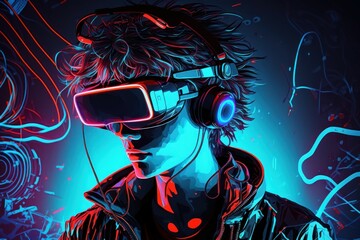 Young man wearing virtual reality glasses. AI generated, human enhanced.