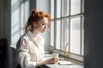 Portrait of a woman at the window with soft light. AI generated, human enhanced