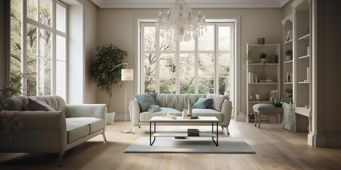Fototapeta na wymiar Bright and airy living room with plenty of natural light and modern touches