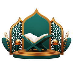 3d render of holy quran on podium display. Suitable for ramadan mubarak or islamic illustration.