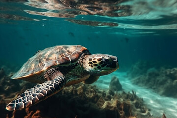Fototapeta premium Turtle Swims Underwater In The Sea, Against The Backdrop Of Beautiful Nature, Summer Day, Made Using Generative Ai