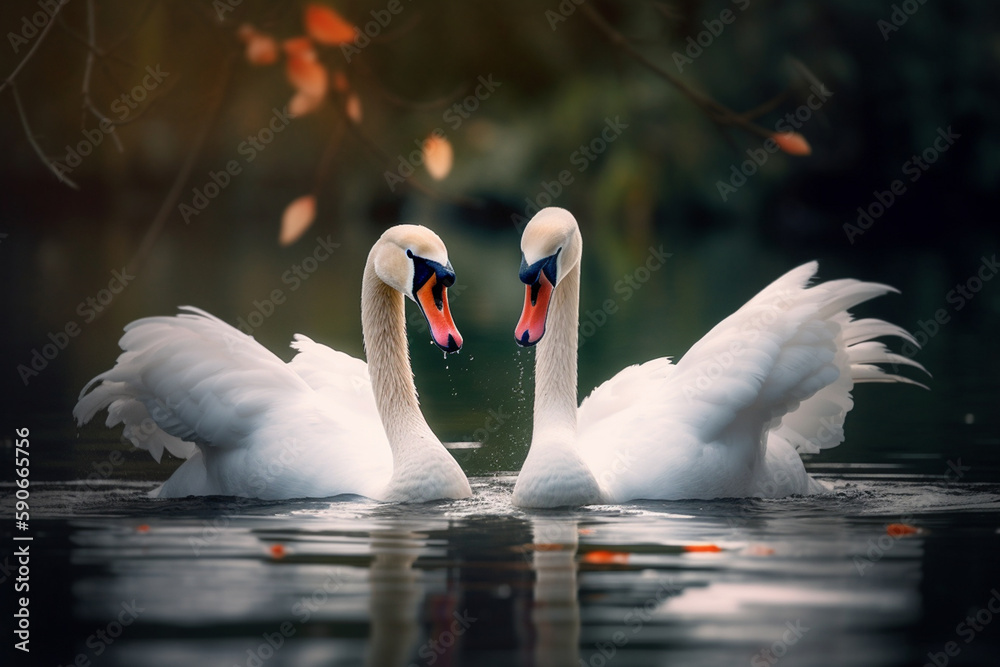 Canvas Prints Two loving swans in the lake