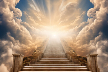 Fototapeta Stairway To Heaven In Glory, Gates Of Paradise, Meeting God, Symbol Of Christianity, Made Using Generative Ai obraz