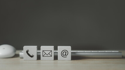 Contact us website page and internet concept. Contact methods. Signs of phone, mobile, letter and...