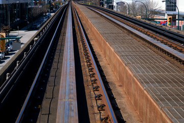 Fototapeta premium Vancouver SkyTrain new Canada Line to Surrey. home rails train sky train road trip traffic big city life convenience comfort blue sky nice weather