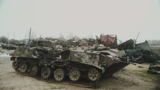 .Bucha 2022 The cemetery of destroyed Russian tanks. Burned and destroyed
