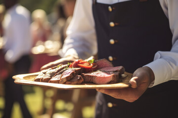 Waiter carries an order on a dish. Served grilled steak with vegetables on the board. Outdoor restaurant. Generative AI.