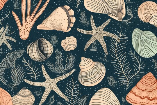 seamless pattern featuring sea shells and corals on a blue background. Generative AI