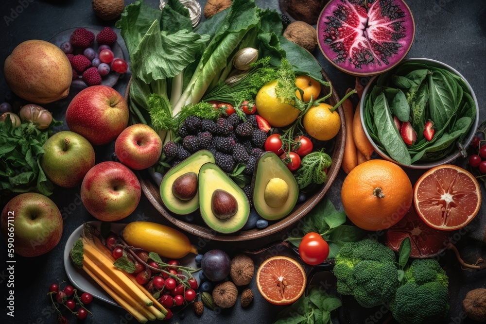 Wall mural colorful assortment of fresh fruits and vegetables displayed on a wooden table. Generative AI