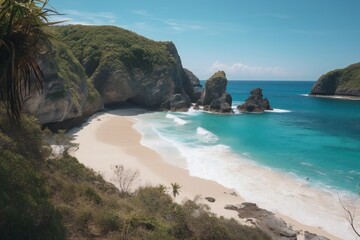 Fototapeta na wymiar Beach Landscape A tropical beach surrounded by dramatic cliffs - AI Generative