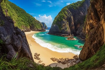 Fototapeta premium Beach Landscape A tropical beach surrounded by dramatic cliffs 1- AI Generative
