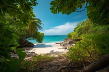 Fototapeta na wymiar Beach Landscape A tropical beach surrounded by lush jungle foliage 2- AI Generative