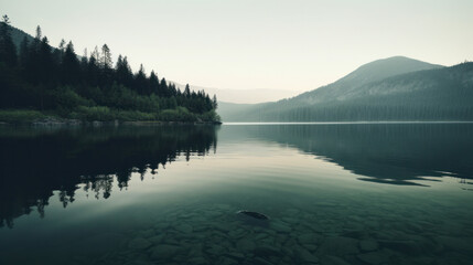Naklejka premium Morning fog over a beautiful lake surrounded by pine forest. Outdoors / Nature background, generative ai