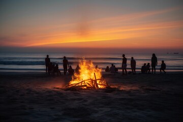 Beach Landscape Beach bonfires casting a warm glow in the evening  - AI Generative
