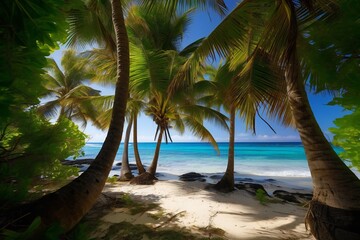 Fototapeta na wymiar Beach Landscape coconut trees swing in the ocean- AI Generative