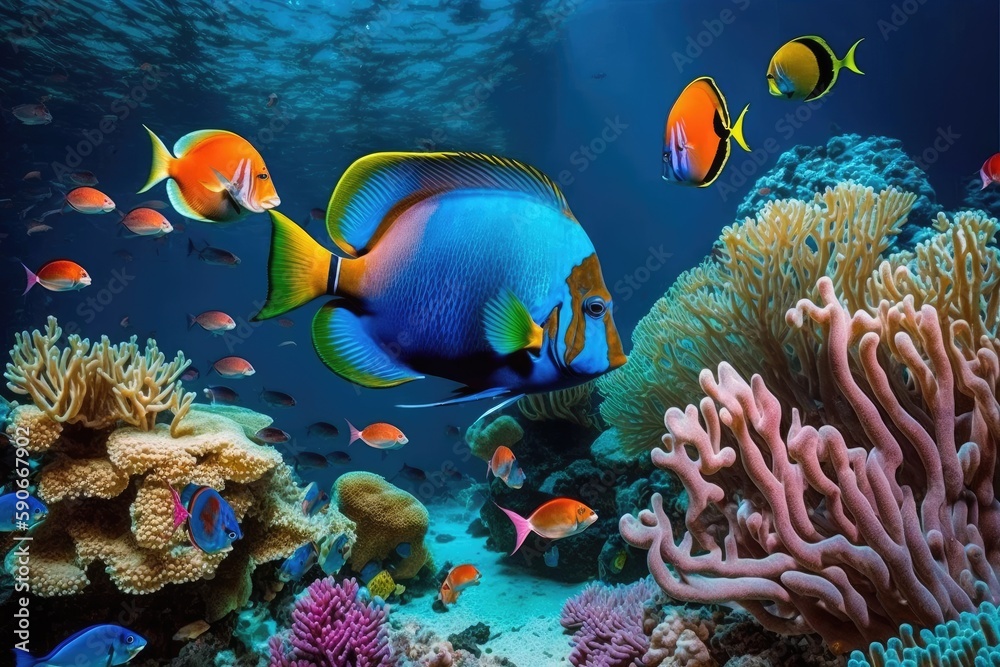 Wall mural magnificent coral reefs and exotic fish may be seen underwater. generative ai