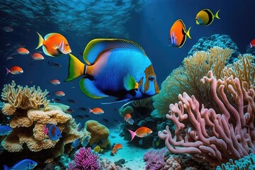 Naklejka na ściany i meble Magnificent coral reefs and exotic fish may be seen underwater. Generative AI