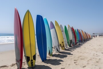 Beach Landscape Surfboards lined up along the shore 1- AI Generative