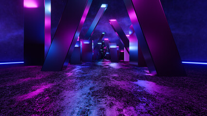 Background landscape with vibrant neon fluorescent lights in the shiny columns located on extraterrestrial ground for fashion banner and template without people in the fantastic 3d illustration