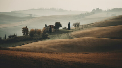 Fototapeta premium Morning fog over a beautiful countryside. Outdoors / Nature background, generative ai