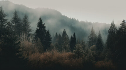 Morning fog over a dense pine forest. Outdoors / Nature background, generative ai