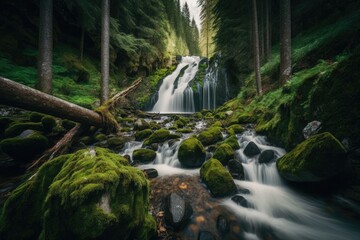 A powerful waterfall in a forest with moss-covered rock formations. Generative AI