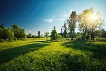 Background of summer scenery with a green grass field, blue sky, and brilliant sun. Generative AI