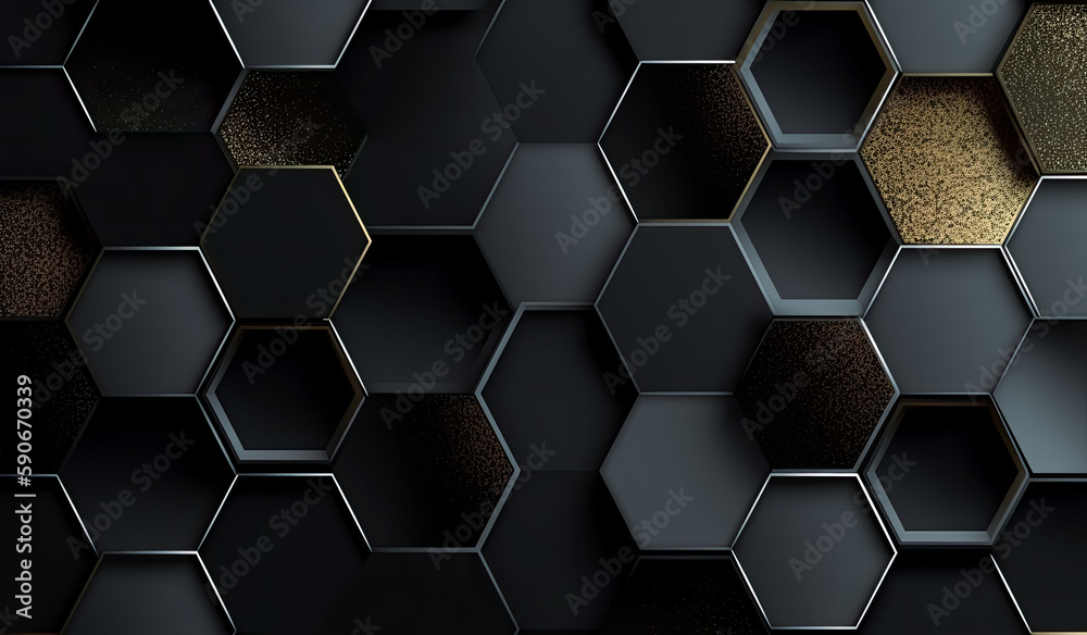 Wall mural black hexagonal background with yellow hexagons with gold lines. generative ai.