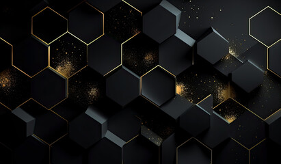 black hexagonal background with yellow hexagons with gold lines. Generative AI. 