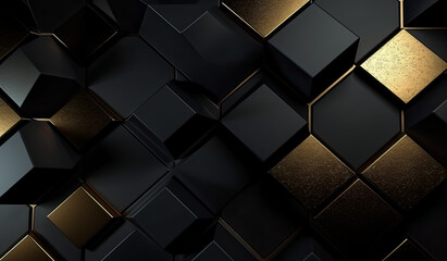 black hexagonal background with yellow hexagons with gold lines. Generative AI. 