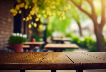  Table in front of blurred Garden of spring background. Generative AI