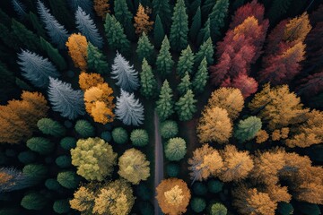 An aerial view of a grove of trees in the colors of fall. Generative AI