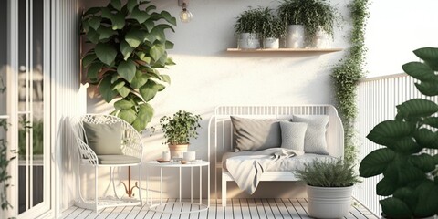 Modern balcony sitting area decorated with green plant and white wall. superlative generative AI image. - obrazy, fototapety, plakaty
