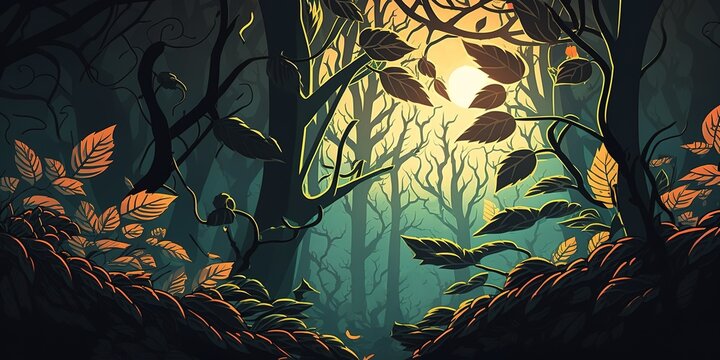 Illustration of a summer woodland with illuminated leaves, branches, and a dark forest in Ukraine. Generative AI