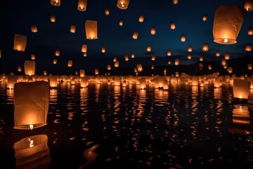 夜空を飛ぶ無数のランタン、タイのコムローイ祭り