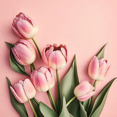 Spring tulip flowers on pink background, top view in flat lay style. Greeting for Women's or Mother's Day or Spring Sale Banner. Generative Ai