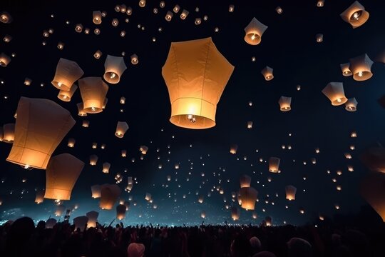 夜空を飛ぶ無数のランタン、タイのコムローイ祭り