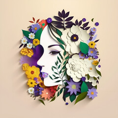 Illustration of face and flowers style paper cut with copy space for International Women's Day. made with GENERATIVE Ai