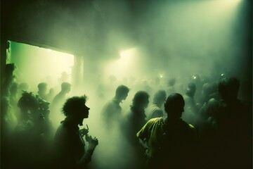 Nightclub with misty smoke environment, dreamy silhouette crowd dancing along with the music, rave party with techno theme with DJ live performance in music festival. Superb Generative AI.