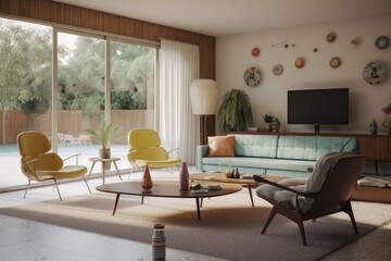 Summer Residential Apartment Living Room with Soft Blue Sofa and Light FIltering Curtains, Made with Generative AI
