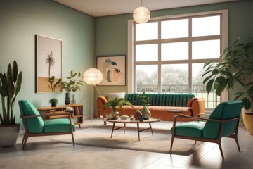 Fototapeta na wymiar Decorative Orange and Teal Styled Modern Living Room Interior with Wall Art and Sofa Made with Generative AI